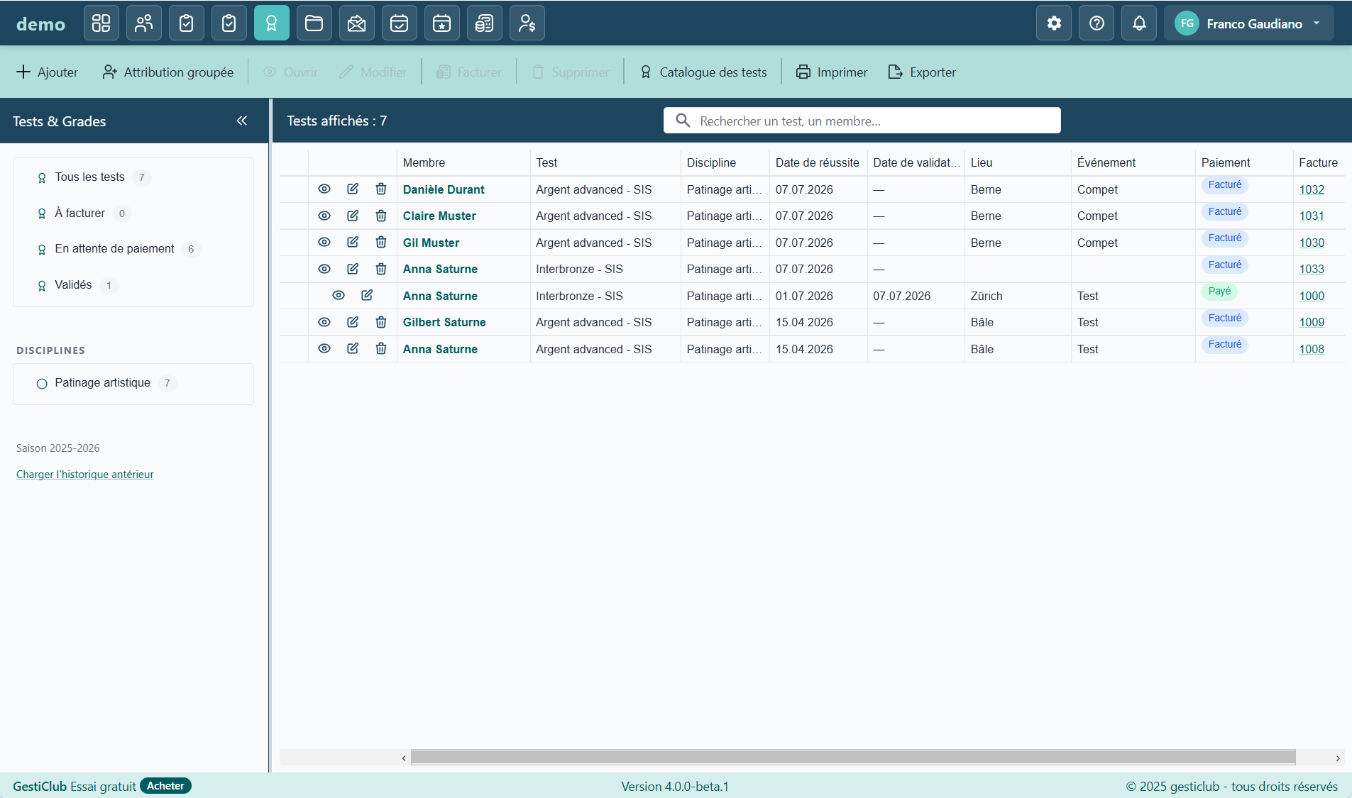 Module Tests & Grades dans GestiClub V4